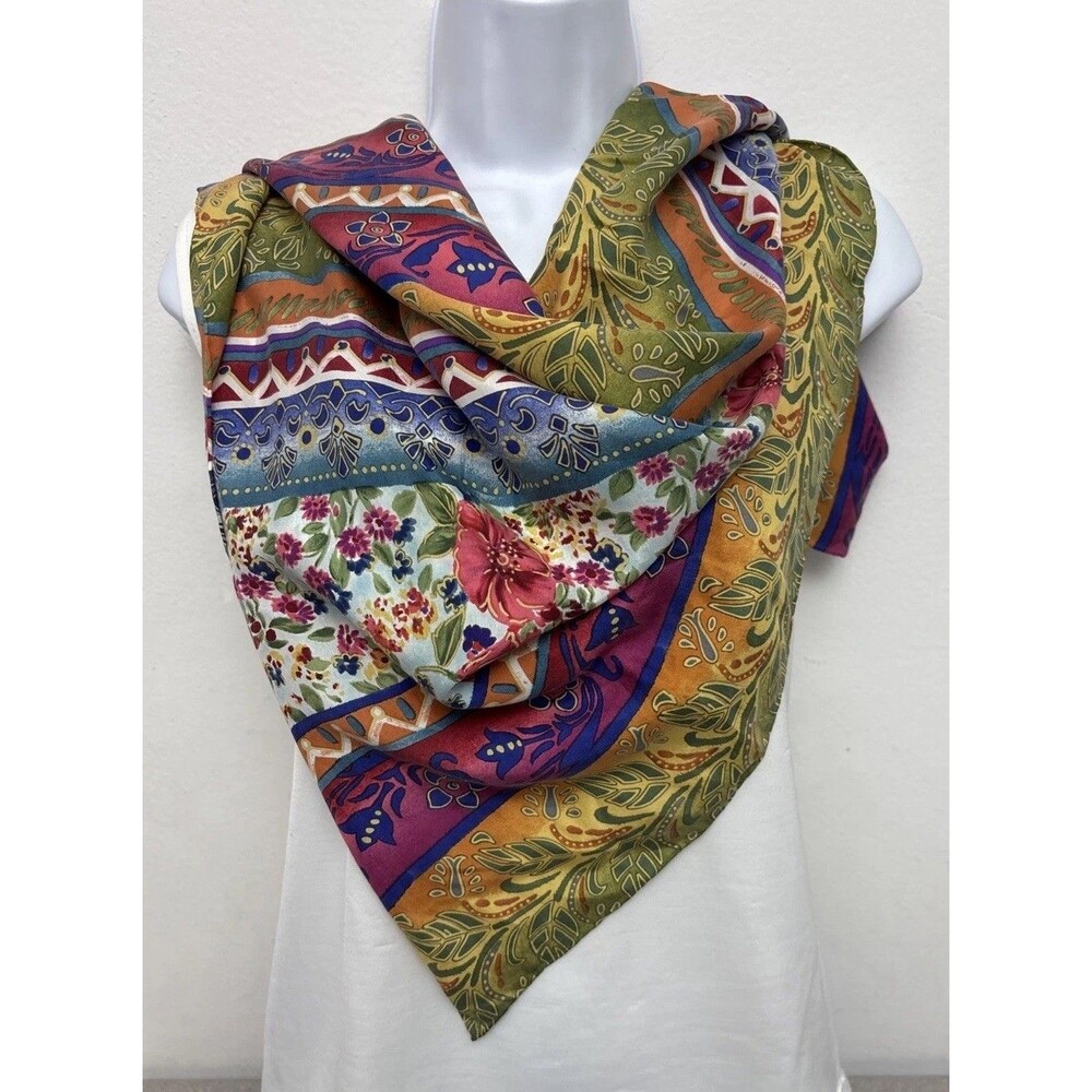 Vintage Silk Scarf 35x33, Hand Rolled, Vibrant Floral & Geometric Horz. Borders